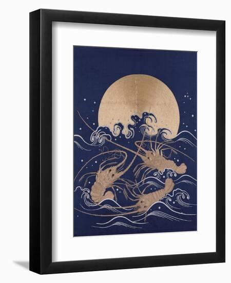 A Japanese Embroidered Textile Panel of Dark Blue Satin Depicting Three Crayfish Among Waves before-null-Framed Premium Giclee Print