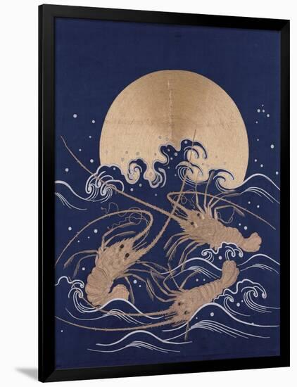 A Japanese Embroidered Textile Panel of Dark Blue Satin Depicting Three Crayfish Among Waves before-null-Framed Giclee Print