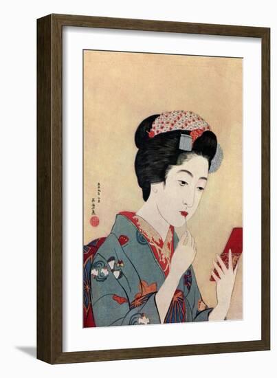 A Japanese woman using a beni brush to paint her lips, 1920 (1930).Artist: Hashiguchi Goyo-Hashiguchi Goyo-Framed Giclee Print