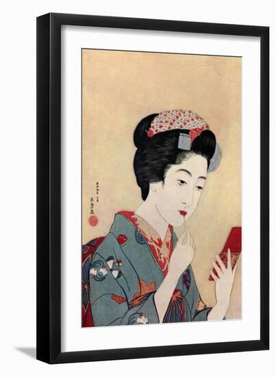 A Japanese woman using a beni brush to paint her lips, 1920 (1930).Artist: Hashiguchi Goyo-Hashiguchi Goyo-Framed Giclee Print