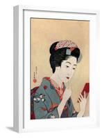 A Japanese woman using a beni brush to paint her lips, 1920 (1930).Artist: Hashiguchi Goyo-Hashiguchi Goyo-Framed Giclee Print