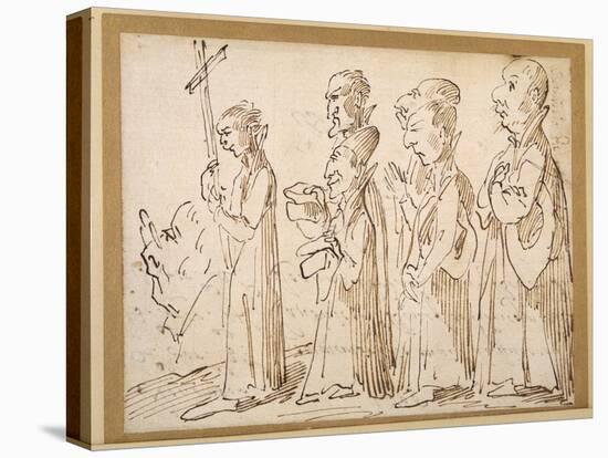 A Jesuit Procession, Caricatured with a Crucifer, and Five Others Following; an Additional Man's…-Pier Leone Ghezzi-Stretched Canvas
