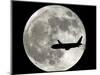 A Jet Plane Passes in Front of the Full Moon Above Surfside, Fla.-null-Mounted Photographic Print