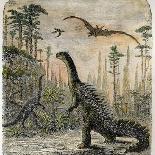 Dinosaurs of the Jurassic Period: a Stegosaurus with a Compsognathus in the Background-A. Jobin-Laminated Photographic Print