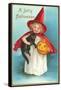A Jolly Halloween, Little Girl Witch with Cat and Jack O'Lantern-null-Framed Stretched Canvas