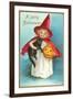 A Jolly Halloween, Little Girl Witch with Cat and Jack O'Lantern-null-Framed Art Print