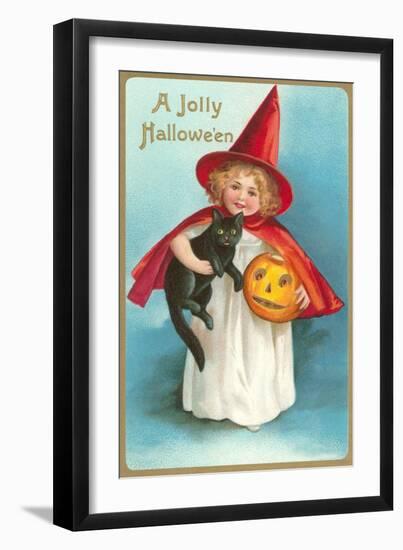 A Jolly Halloween, Little Girl Witch with Cat and Jack O'Lantern-null-Framed Art Print