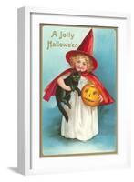 A Jolly Halloween, Little Girl Witch with Cat and Jack O'Lantern-null-Framed Art Print