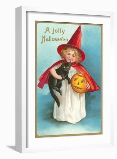 A Jolly Halloween, Little Girl Witch with Cat and Jack O'Lantern-null-Framed Art Print