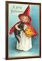 A Jolly Halloween, Little Girl Witch with Cat and Jack O'Lantern-null-Framed Art Print