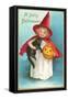 A Jolly Halloween, Little Girl Witch with Cat and Jack O'Lantern-null-Framed Stretched Canvas