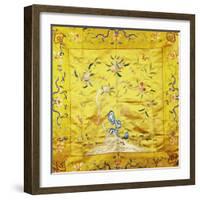 A Kang Cover of Yellow Satin, Finely Embroidered with a Peach Tree Growing from a Rocky Hill with…-null-Framed Giclee Print