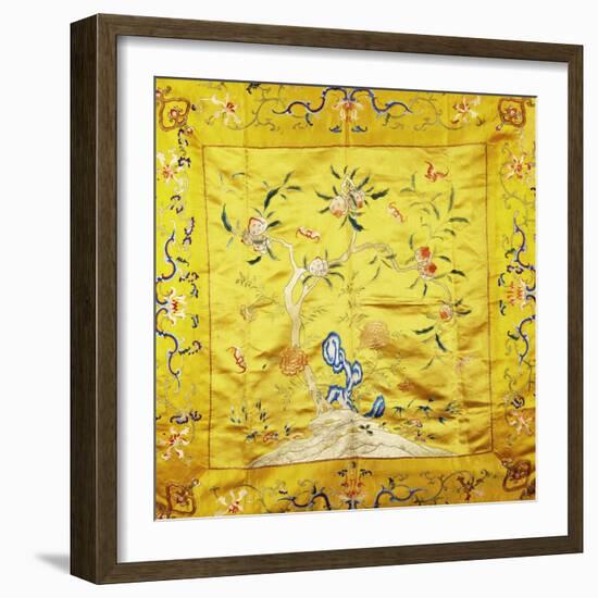 A Kang Cover of Yellow Satin, Finely Embroidered with a Peach Tree Growing from a Rocky Hill with…-null-Framed Giclee Print