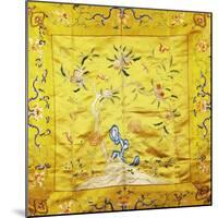 A Kang Cover of Yellow Satin, Finely Embroidered with a Peach Tree Growing from a Rocky Hill with…-null-Mounted Giclee Print