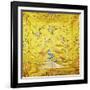 A Kang Cover of Yellow Satin, Finely Embroidered with a Peach Tree Growing from a Rocky Hill with…-null-Framed Giclee Print