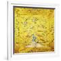 A Kang Cover of Yellow Satin, Finely Embroidered with a Peach Tree Growing from a Rocky Hill with…-null-Framed Giclee Print