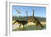 A Kaprosuchus Reptile Confronts an Agustinia Dinosaur-null-Framed Art Print