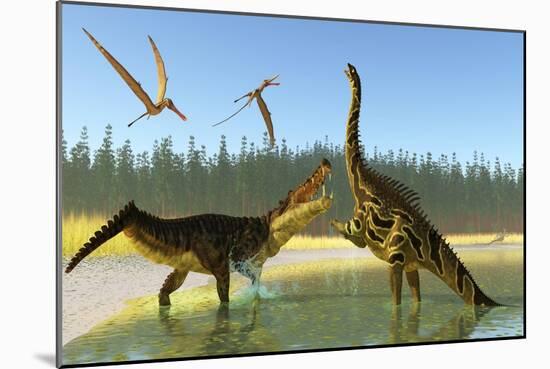 A Kaprosuchus Reptile Confronts an Agustinia Dinosaur-null-Mounted Art Print