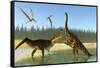 A Kaprosuchus Reptile Confronts an Agustinia Dinosaur-null-Framed Stretched Canvas