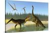 A Kaprosuchus Reptile Confronts an Agustinia Dinosaur-null-Stretched Canvas