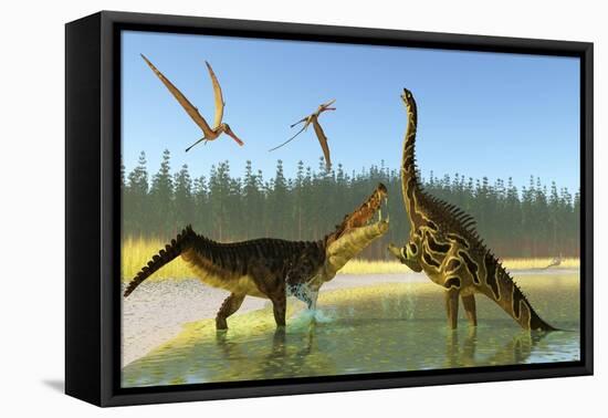 A Kaprosuchus Reptile Confronts an Agustinia Dinosaur-null-Framed Stretched Canvas