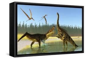 A Kaprosuchus Reptile Confronts an Agustinia Dinosaur-null-Framed Stretched Canvas