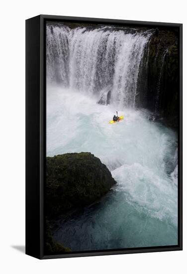 A Kayaker Beneath Spirit Falls on the Little White Salmon River in Washington-Bennett Barthelemy-Framed Stretched Canvas