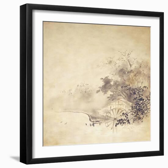 A Kinji Ground Shikishi Bako Depicting a Hut with Watermill-null-Framed Giclee Print