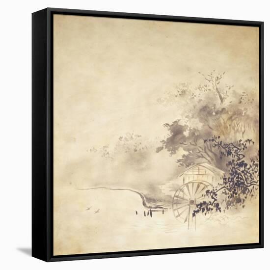 A Kinji Ground Shikishi Bako Depicting a Hut with Watermill-null-Framed Stretched Canvas