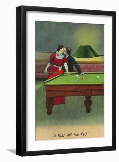 A Kiss off the Red, Couple Kissing Before Pool Shot-Lantern Press-Framed Art Print