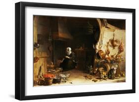 A Kitchen Interior with a Servant Girl Surrounded by Utensils, Vegetables and a Lobster on a Plate-Cornelis van Lelienbergh-Framed Giclee Print