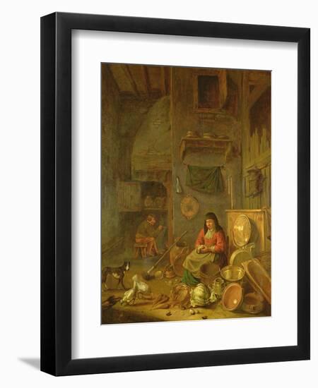 A Kitchen Interior with a Woman Peeling Potatoes Beside a Dog-Hendrik Martensz Sorgh-Framed Giclee Print