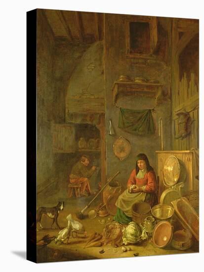 A Kitchen Interior with a Woman Peeling Potatoes Beside a Dog-Hendrik Martensz Sorgh-Stretched Canvas