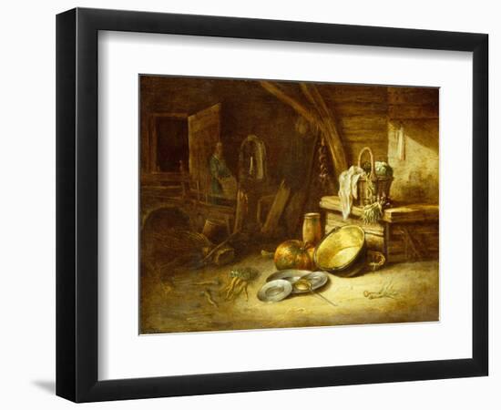 A Kitchen with Vegetables in a Wicker Basket, Pewter Plates and a Pumpkin-Willem Kalf-Framed Giclee Print