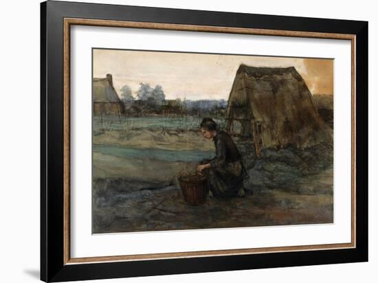 A Kneeling Peasant Woman in Front of a Hut; Paysanne Agenouillee Devant Une Cabane, 1883-Vincent van Gogh-Framed Giclee Print