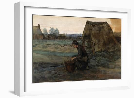 A Kneeling Peasant Woman in Front of a Hut; Paysanne Agenouillee Devant Une Cabane, 1883-Vincent van Gogh-Framed Giclee Print