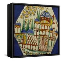 A Kutahya Pottery Hexagonal Tile Depicting a Cathedral with Floral Spray Above-null-Framed Stretched Canvas