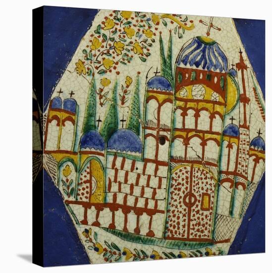 A Kutahya Pottery Hexagonal Tile Depicting a Cathedral with Floral Spray Above-null-Stretched Canvas