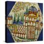 A Kutahya Pottery Hexagonal Tile Depicting a Cathedral with Floral Spray Above-null-Stretched Canvas