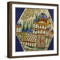 A Kutahya Pottery Hexagonal Tile Depicting a Cathedral with Floral Spray Above-null-Framed Giclee Print