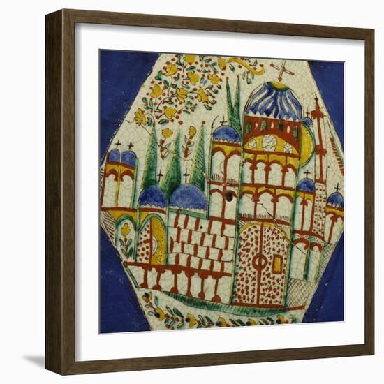 A Kutahya Pottery Hexagonal Tile Depicting a Cathedral with Floral Spray Above-null-Framed Giclee Print