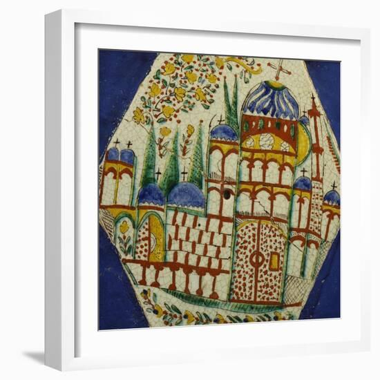 A Kutahya Pottery Hexagonal Tile Depicting a Cathedral with Floral Spray Above-null-Framed Giclee Print