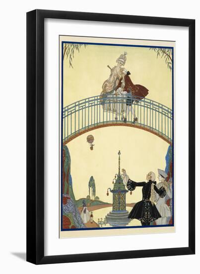 Ã€ La Promenade A man and woman on a bridge Pierrot, below-Georges Barbier-Framed Giclee Print