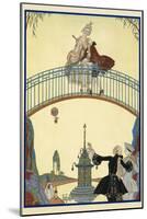 Ã€ La Promenade A man and woman on a bridge Pierrot, below-Georges Barbier-Mounted Giclee Print