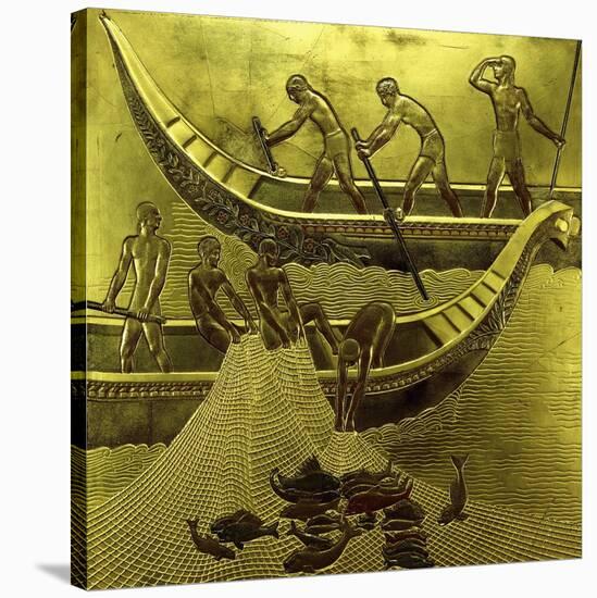 A Lacquered Panel Depicting Fishermen Drawing their Nets-Jean Dunand-Stretched Canvas
