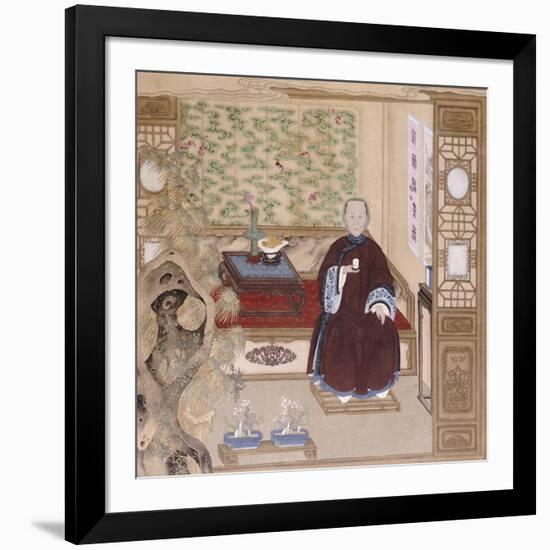 A Lady in Dark Red, Seated on a Day Bed Holding a Blue and White Cup, Mid-Qing Dynasty-null-Framed Giclee Print
