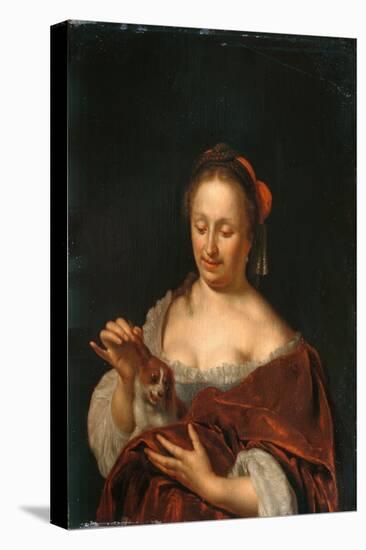 A Lady Seated Holding a Small Dog (Oil on Panel)-Willem Van Mieris-Stretched Canvas