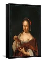 A Lady Seated Holding a Small Dog (Oil on Panel)-Willem Van Mieris-Framed Stretched Canvas