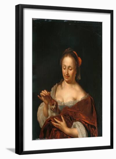 A Lady Seated Holding a Small Dog (Oil on Panel)-Willem Van Mieris-Framed Giclee Print