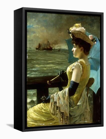 A Lady with a Parasol Looking Out to Sea-Alfred Emile Léopold Stevens-Framed Stretched Canvas